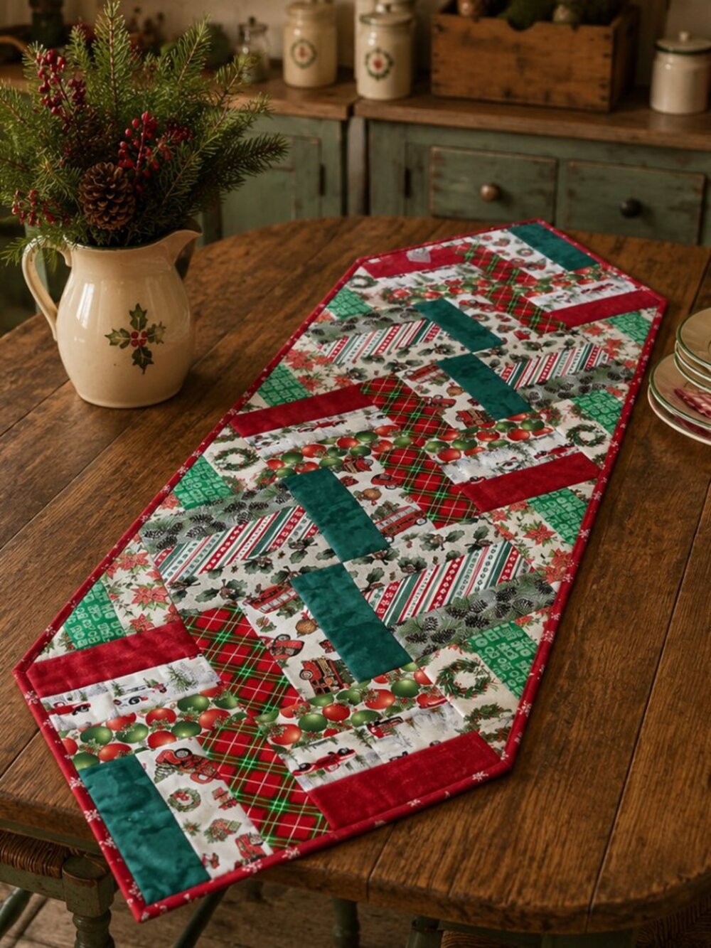 Handmade Quilted Christmas Table Runner – Reversible Hand-Stitched Holiday Patch